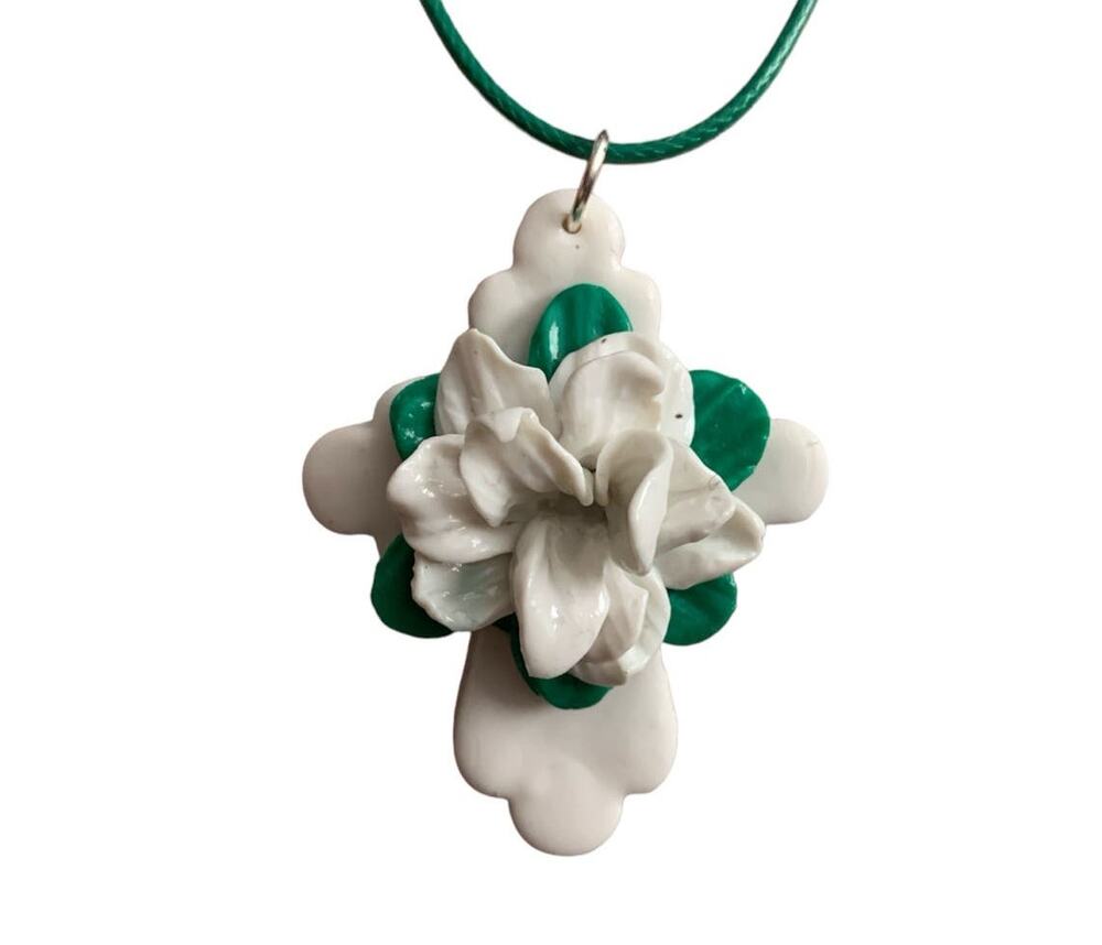 Handmade Easter Lily Cross Necklace - Polymer Clay